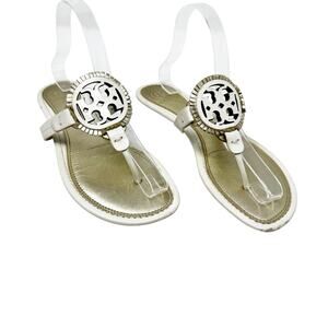 TORY BURCH Metallic Gold Cream Fringe Miller Logo Sandals Flip Flops Size 8